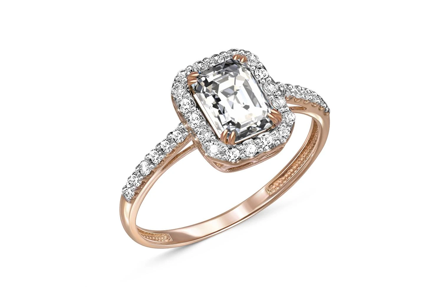 Кольцо из красного золота с горным хрусталём и 30 фианитами