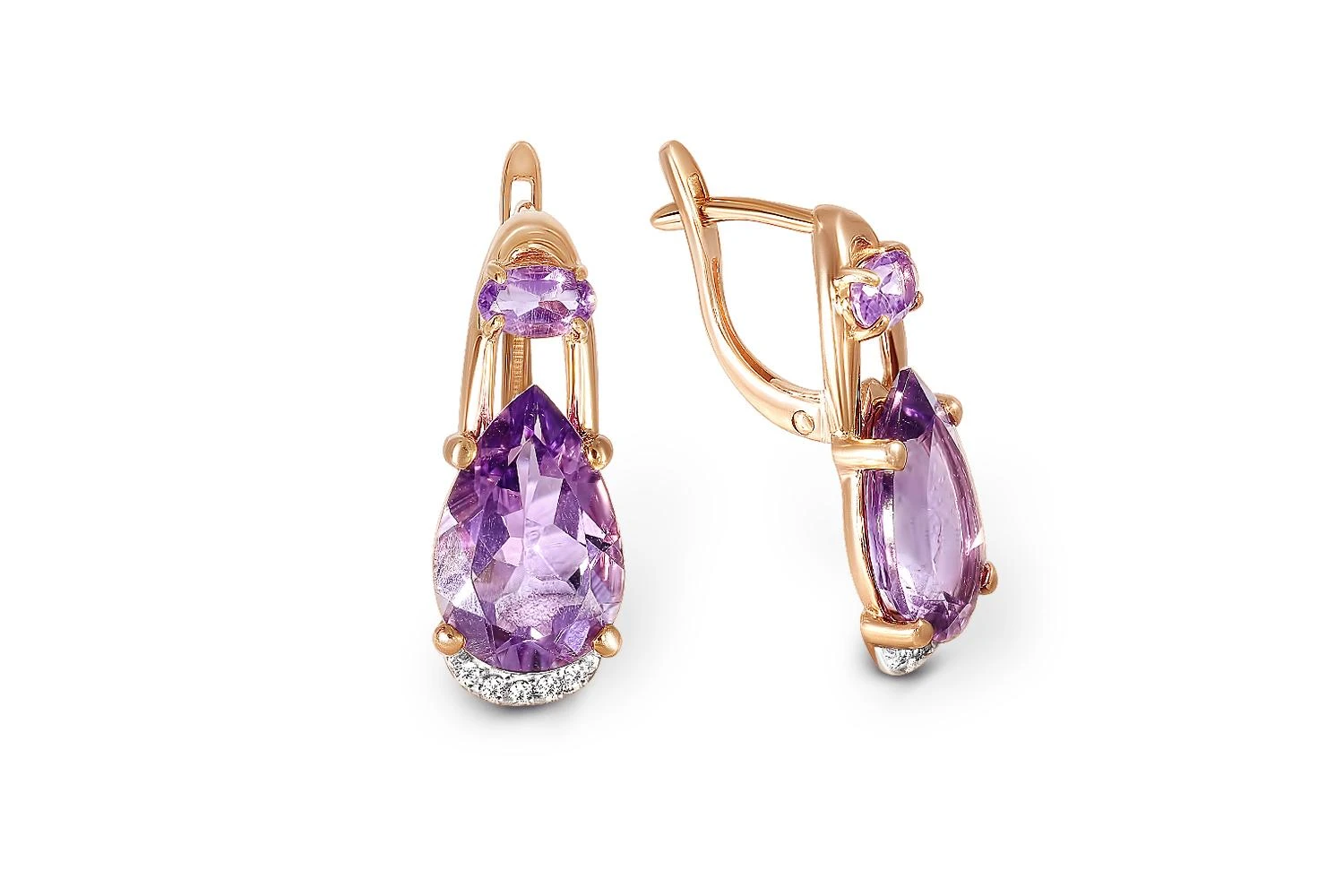 Серьги из красного золота с 4 аметистами и 10 фианитами