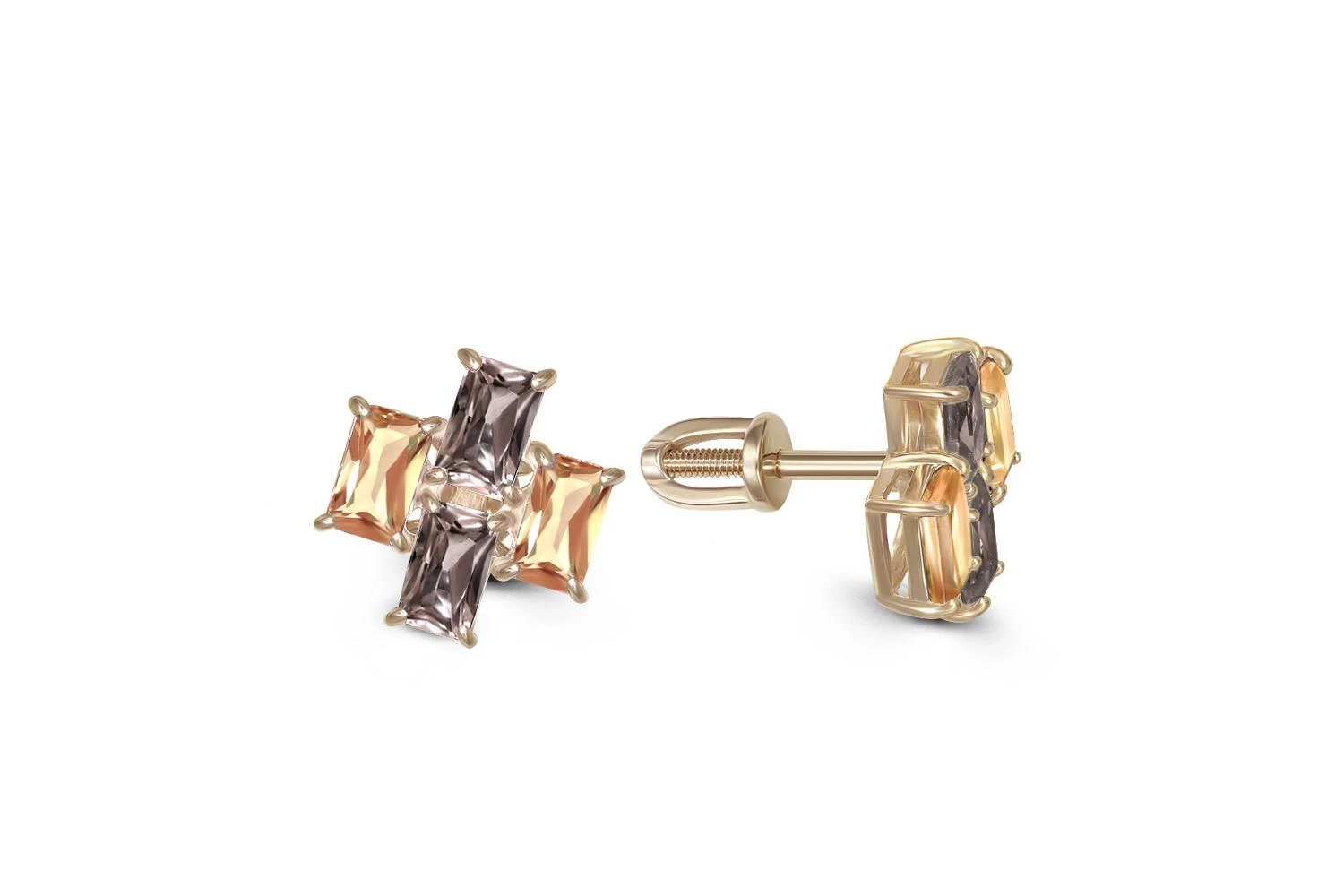 Серьги-пусеты из жёлтого золота с 4 раухтопазами и 4 цитринами