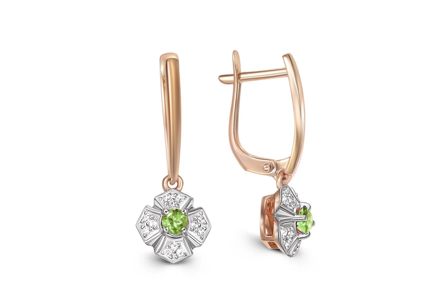 Серьги Цветы из красного золота с 2 хризолитами и 24 фианитами