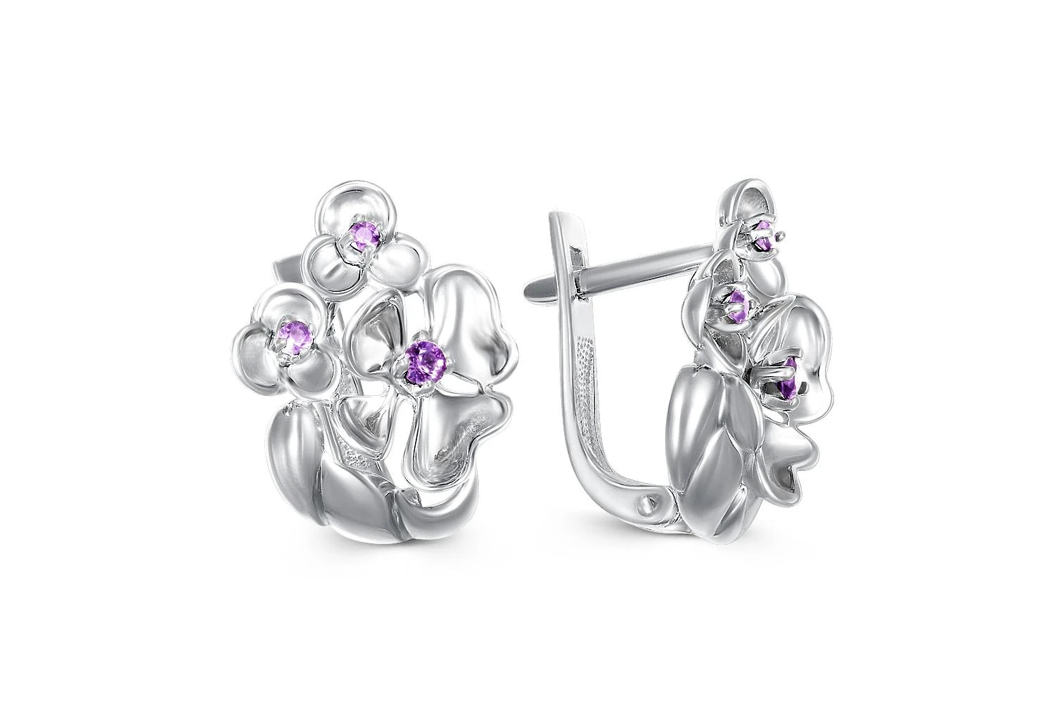 Серьги Цветы из белого золота с 6 аметистами