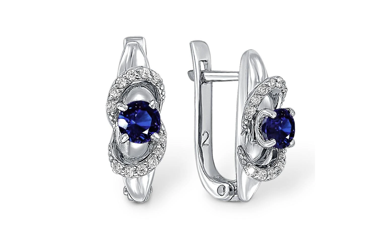 Серьги из белого золота с 2 корундами и 24 фианитами