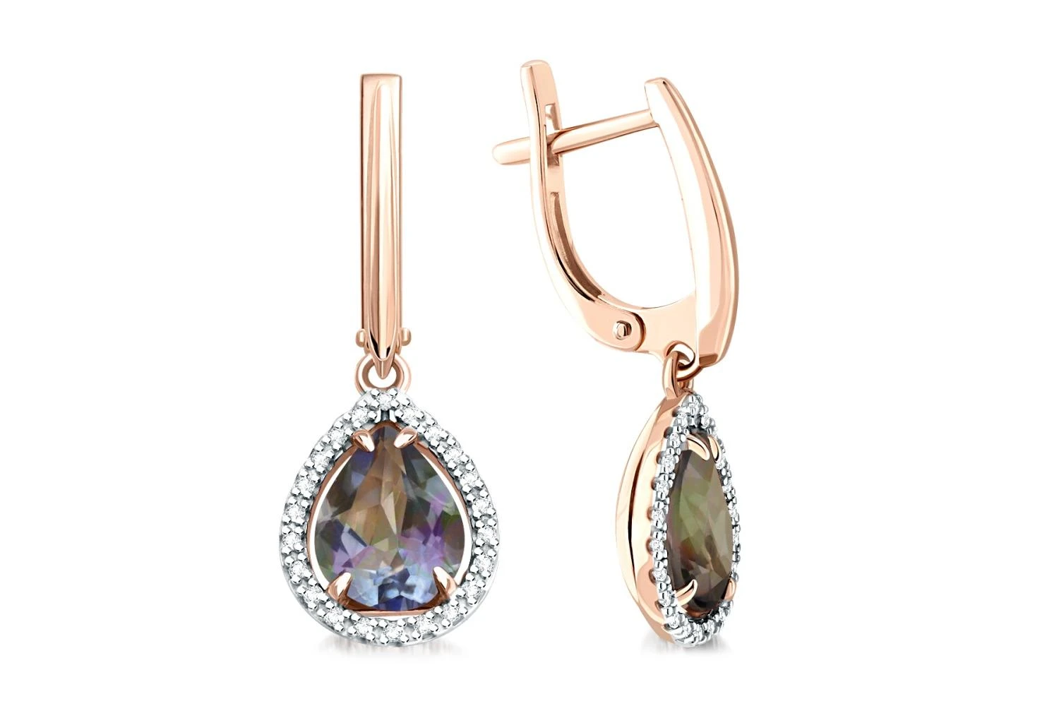 Серьги из красного золота с 2 кварцами и 44 фианитами