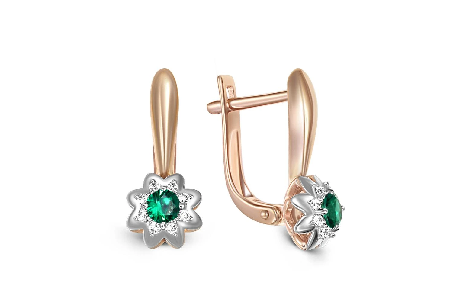 Серьги Цветы из красного золота с 2 изумрудами и 16 бриллиантами