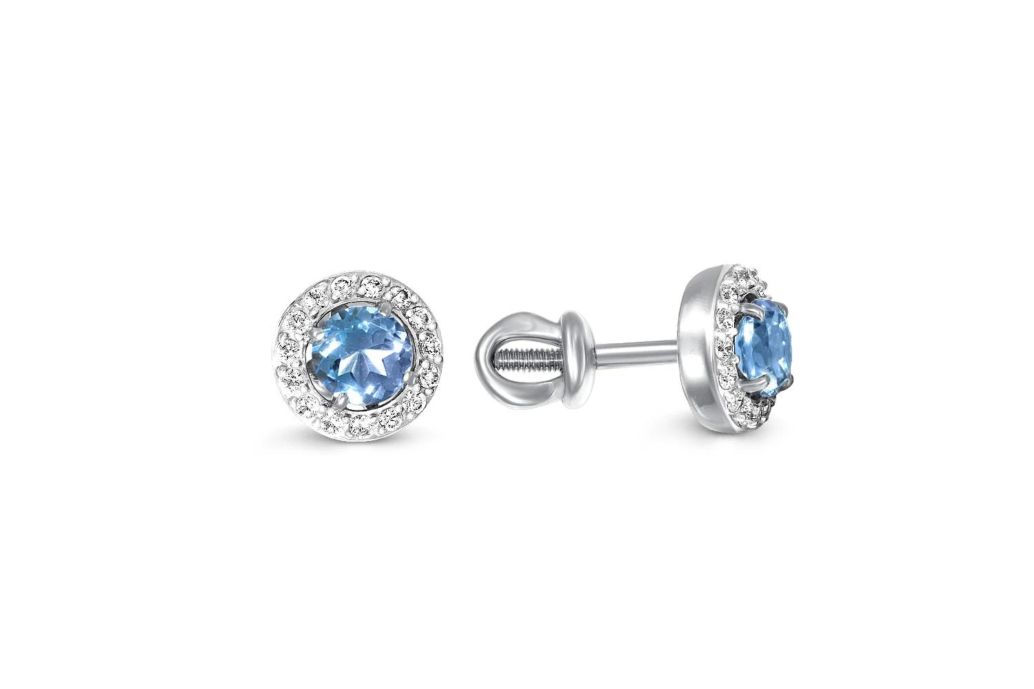 Серьги-пусеты из белого золота с 2 топазами swiss и 30 фианитами