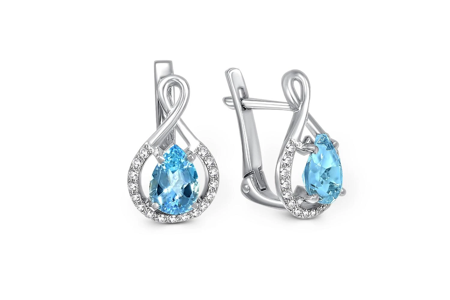 Серьги из белого золота с 2 топазами swiss и 34 фианитами