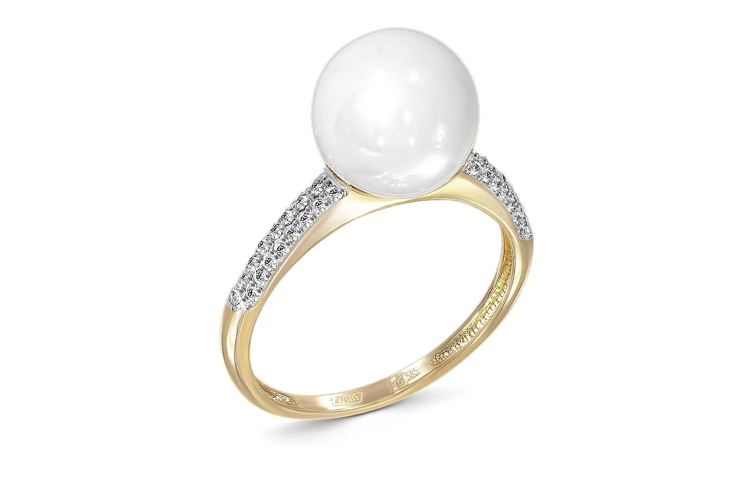 Кольцо из жёлтого золота с жемчугом и 48 фианитами