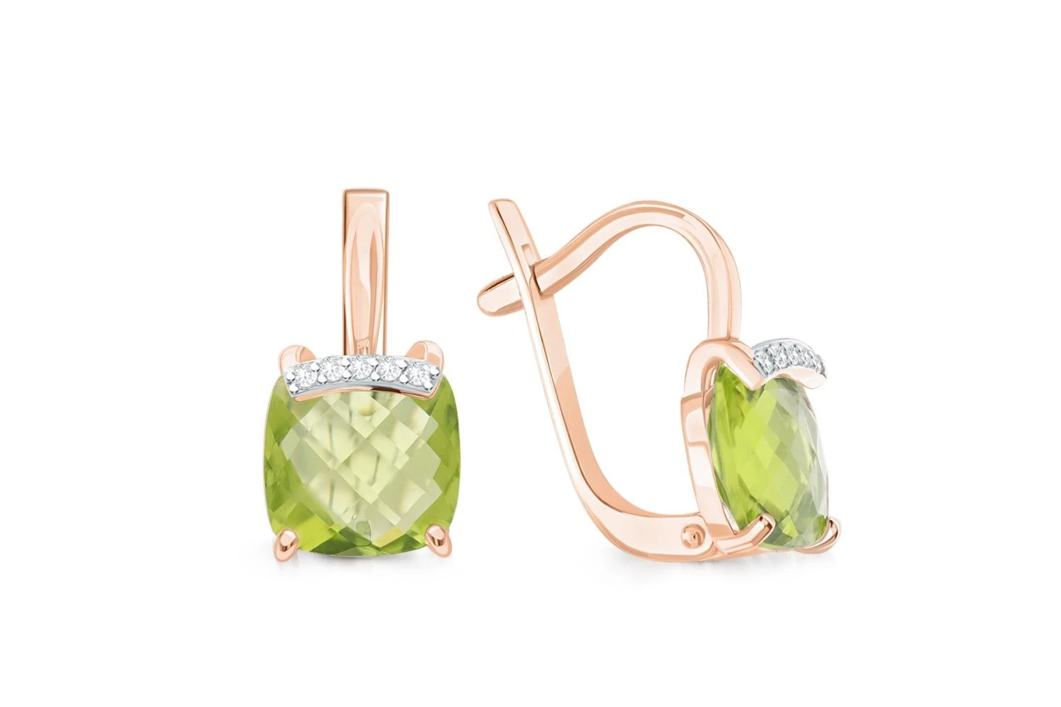 Серьги из красного золота с 2 хризолитами и 10 фианитами