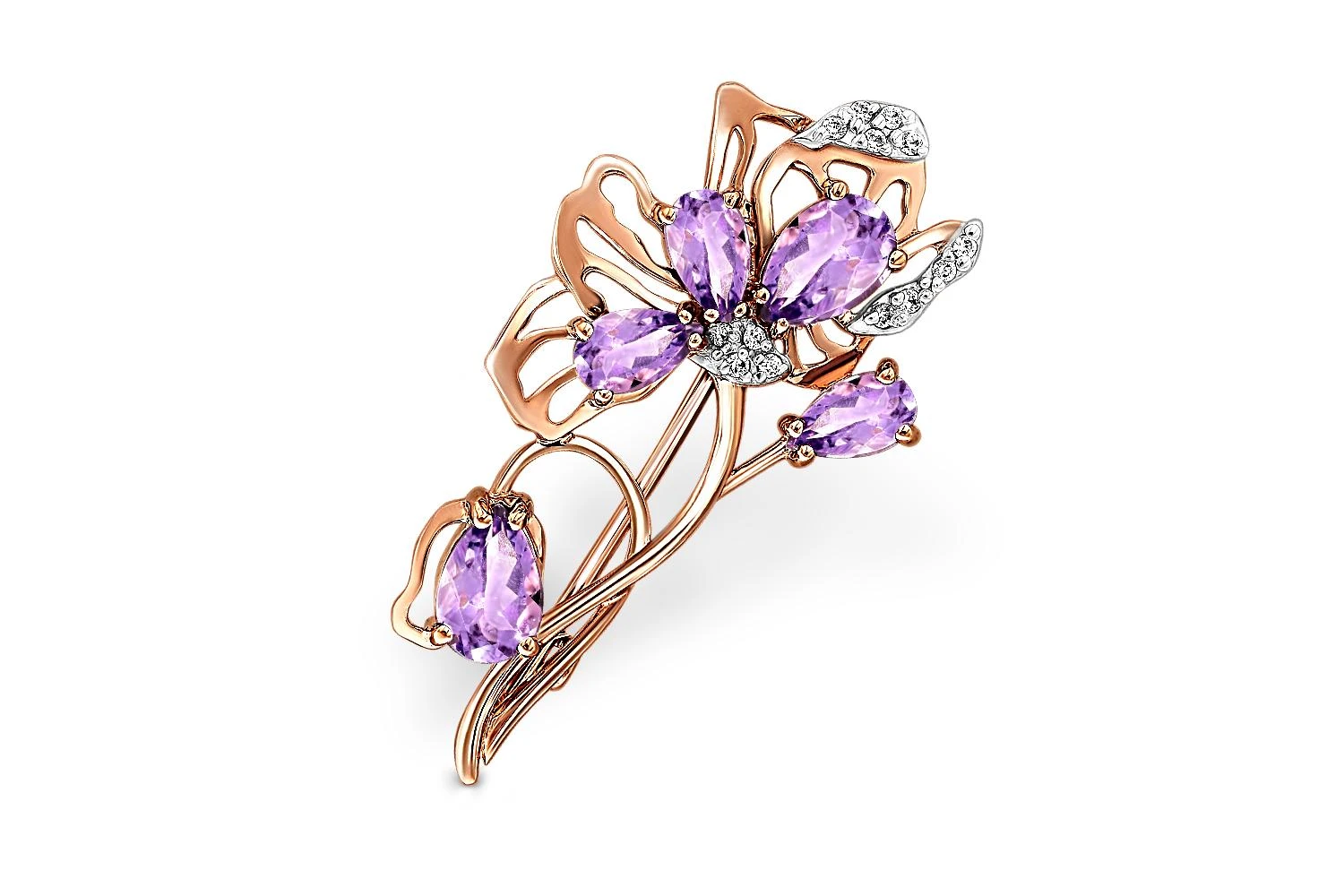 Брошь Цветок из красного золота с 5 аметистами и 13 фианитами