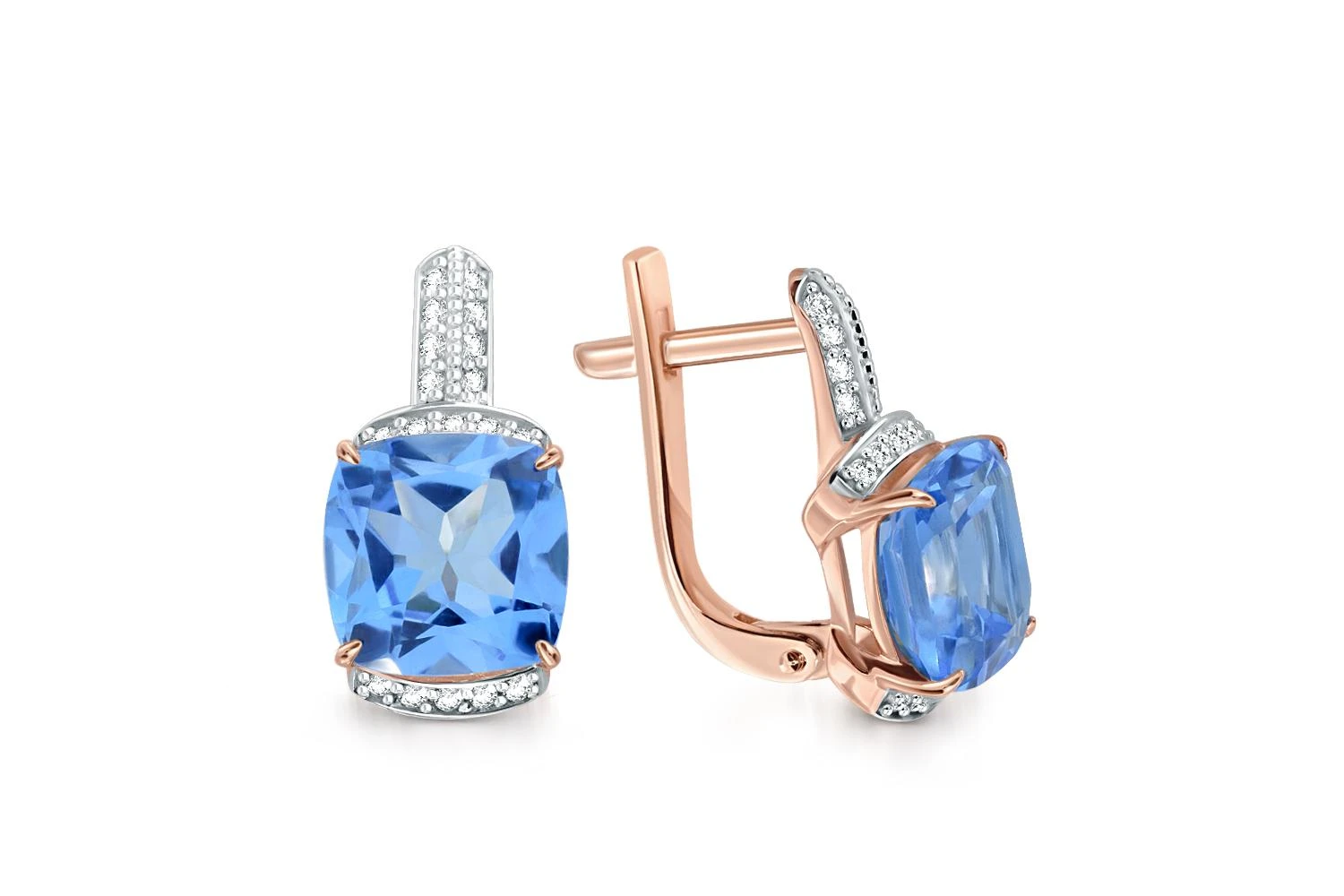 Серьги из красного золота с 2 топазами swiss и 36 фианитами