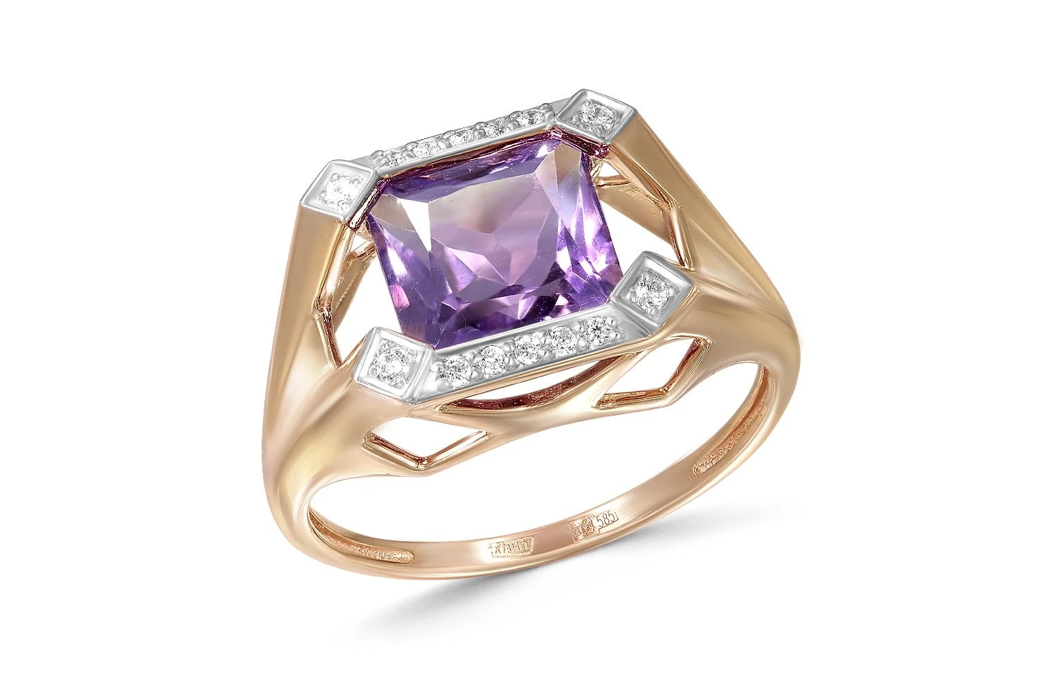 Кольцо из красного золота с аметистом и 14 фианитами