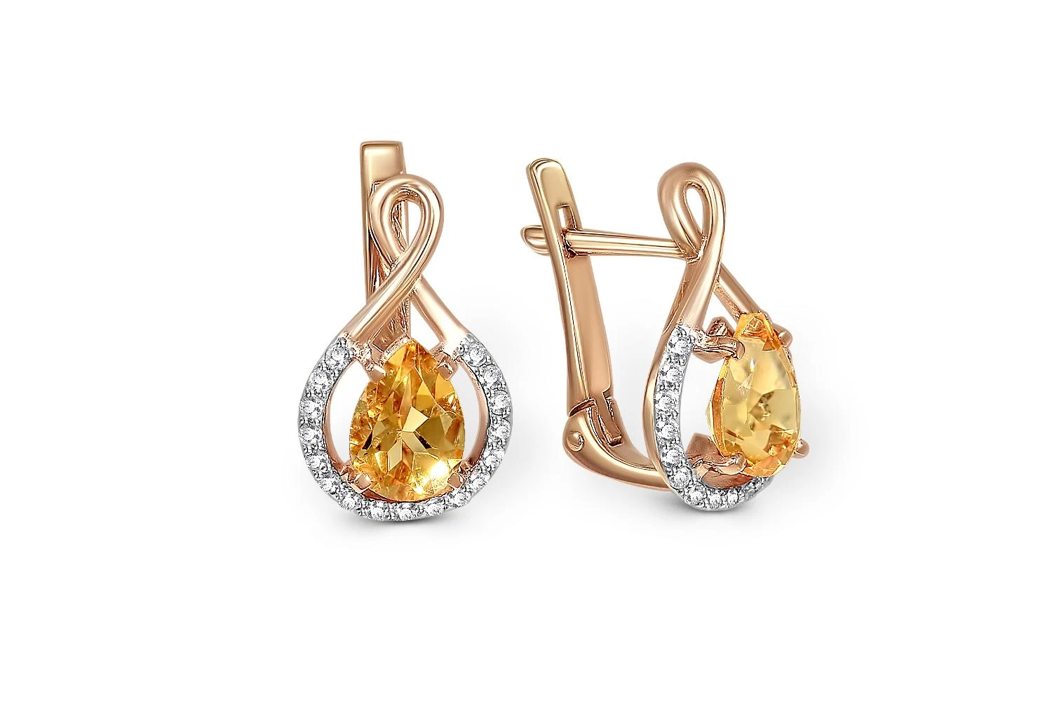 Серьги из красного золота с 2 цитринами и 34 фианитами