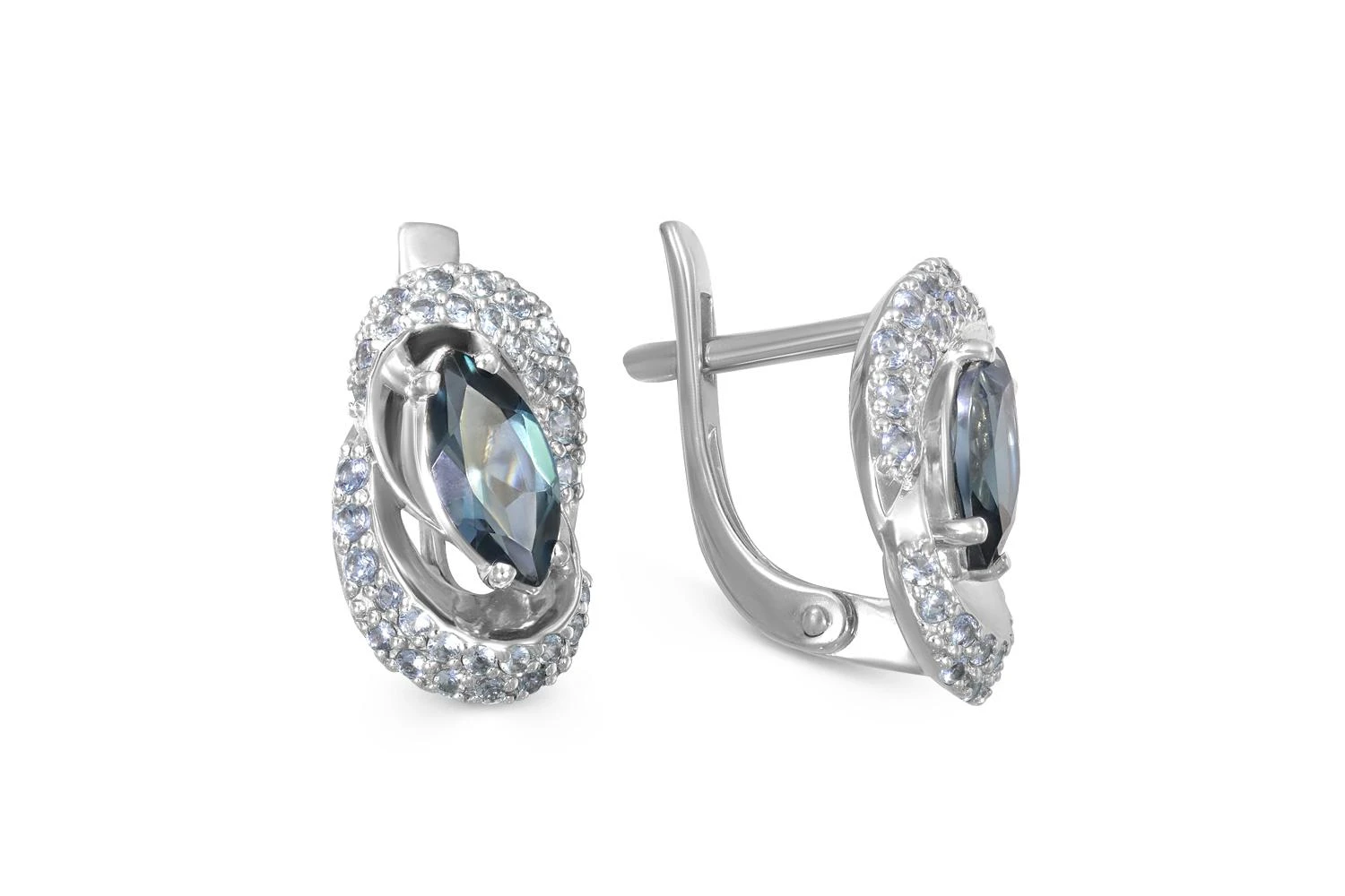Серьги из белого золота с 2 топазами лондон и 64 фианитами