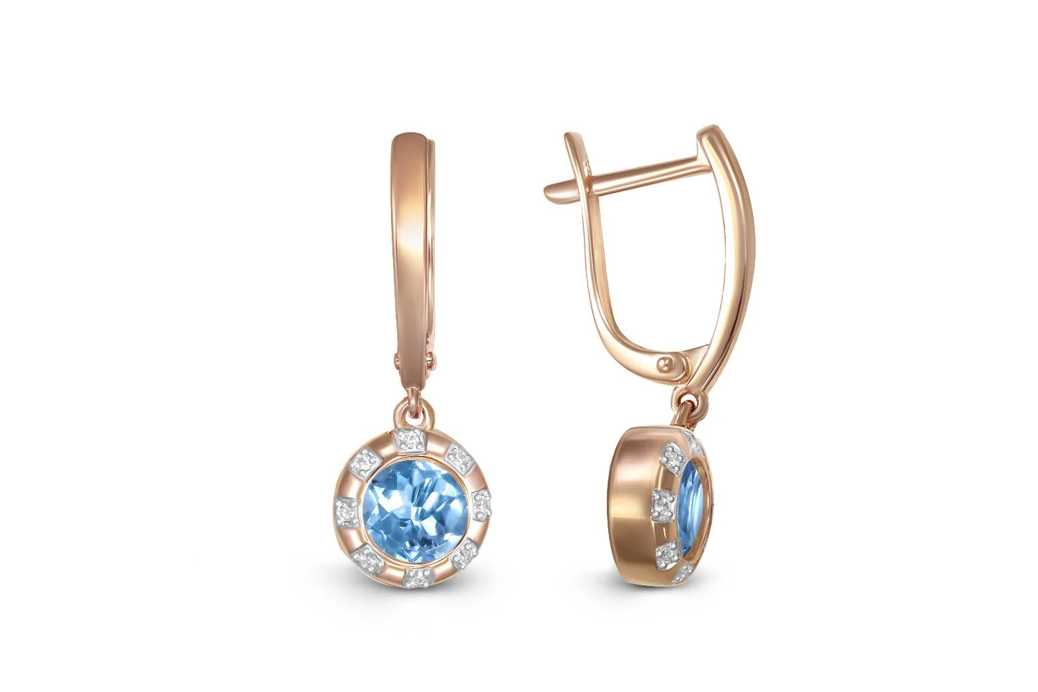 Серьги из красного золота с 2 топазами swiss и 16 фианитами