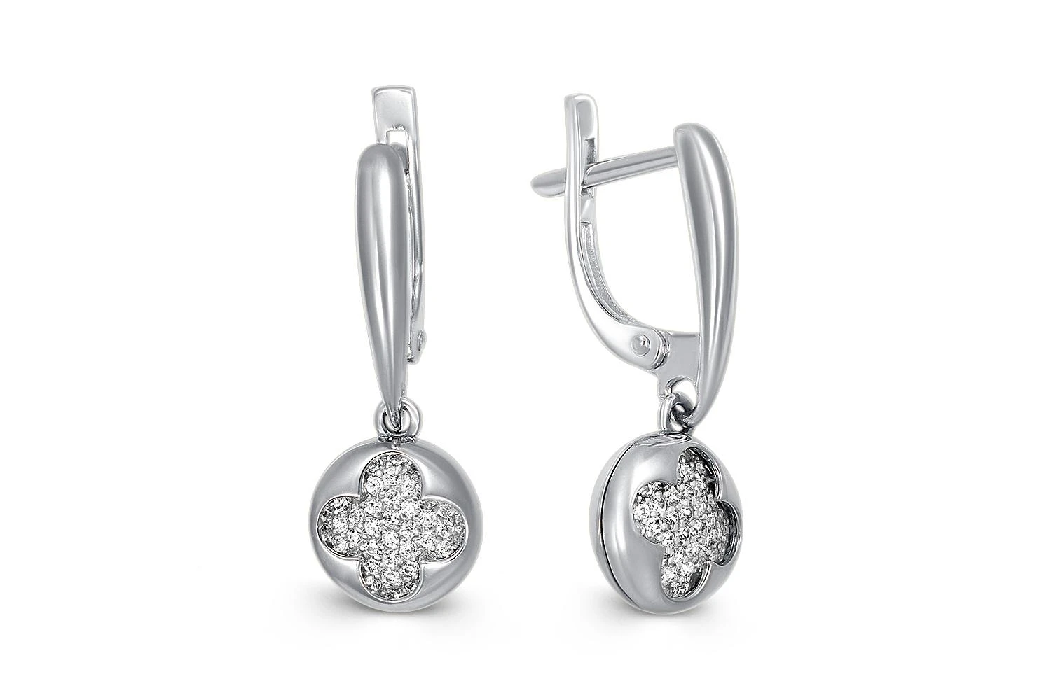 Серьги Клевер из белого золота с 80 фианитами