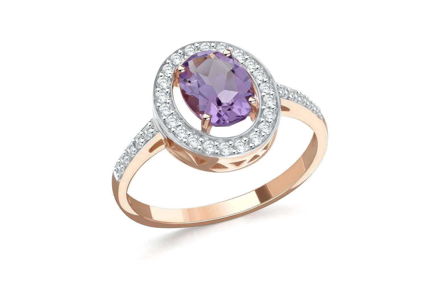 Кольцо из красного золота с аметистом и 32 фианитами