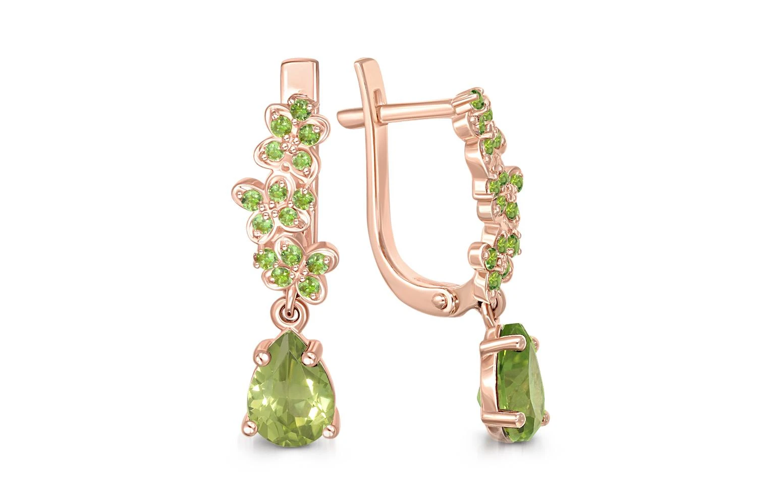 Серьги из красного золота с 32 хризолитами