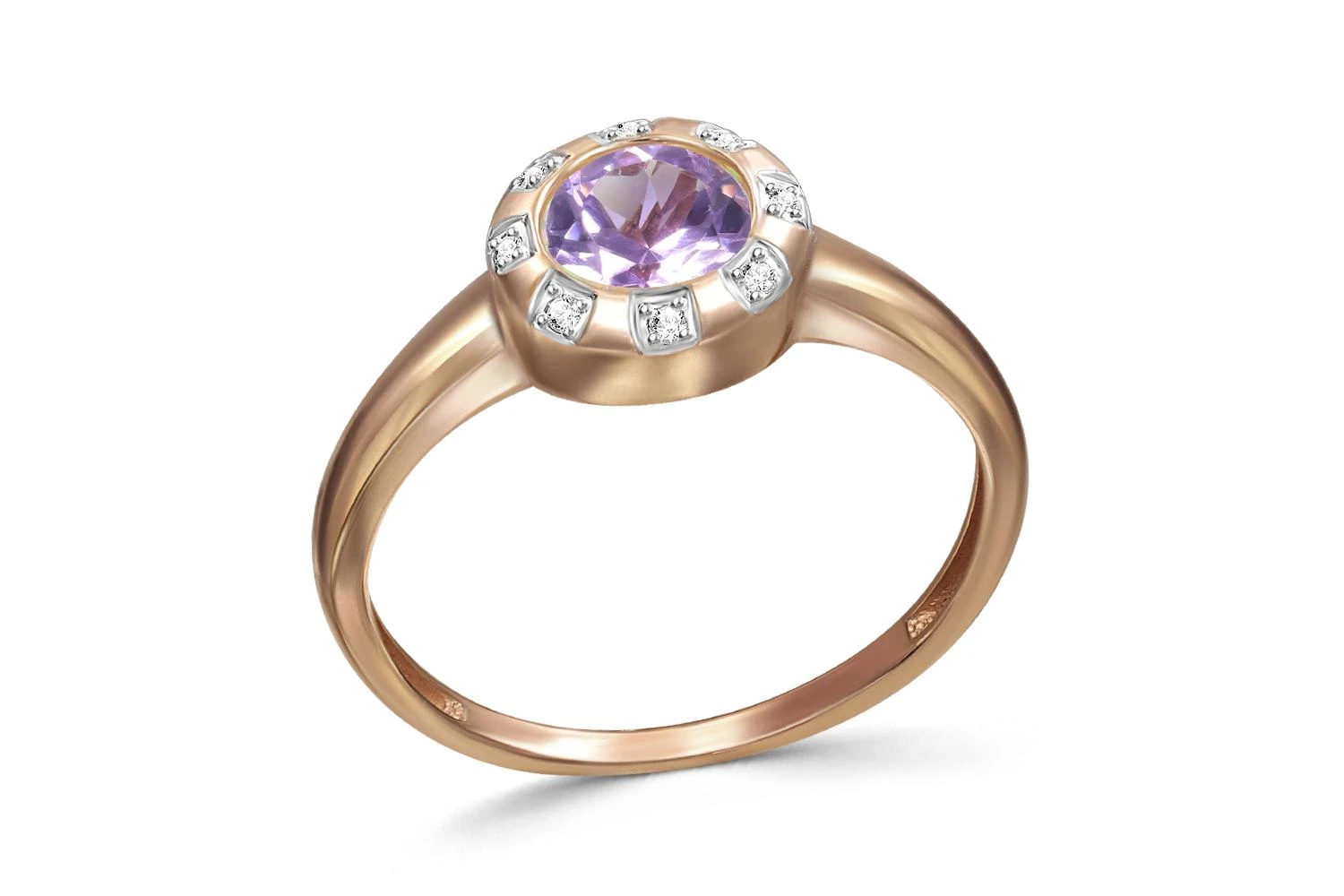 Кольцо из красного золота с аметистом и 8 фианитами
