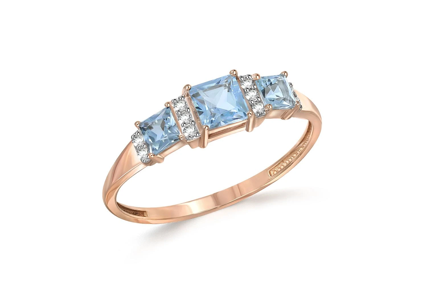 Кольцо из красного золота с 3 топазами sky и 10 фианитами