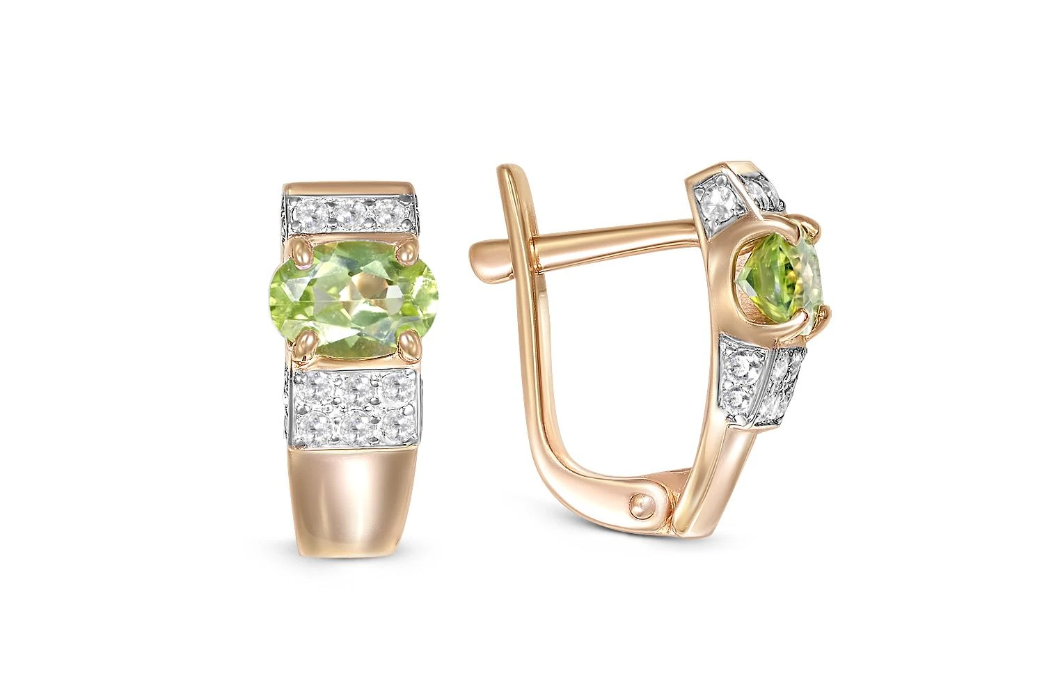 Серьги из красного золота с 2 хризолитами и 30 фианитами