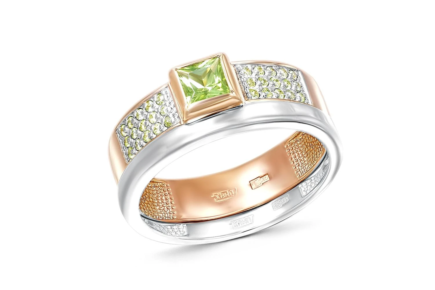 Кольцо из красного золота с хризолитом и 30 фианитами