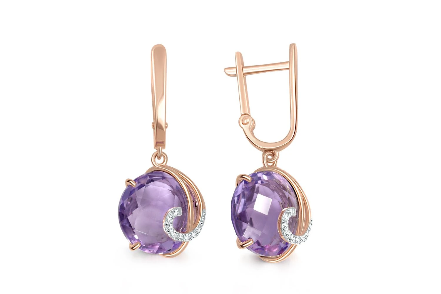 Серьги из красного золота с 2 аметистами и 16 фианитами