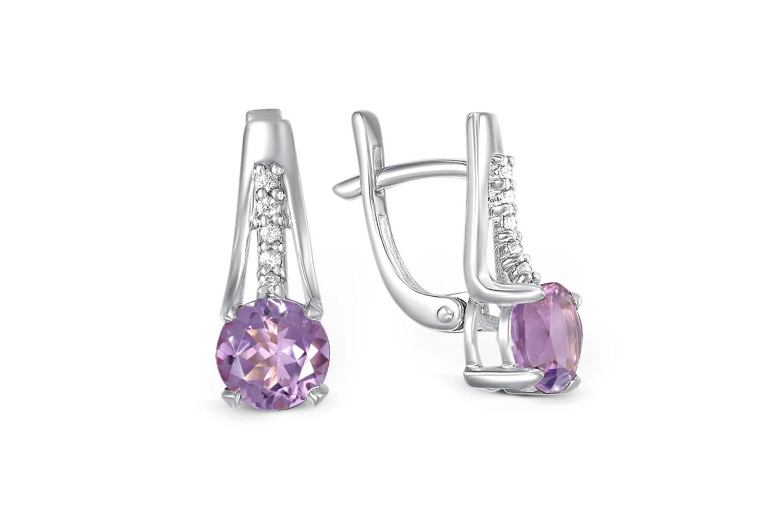 Серьги из белого золота с 2 аметистами и 10 фианитами