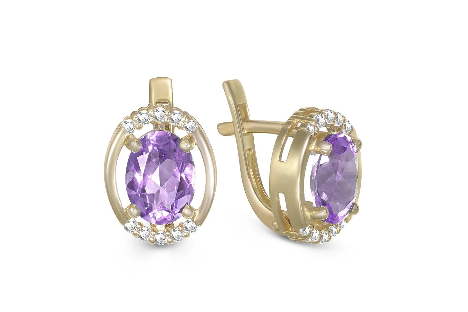 Серьги из жёлтого золота с 2 аметистами и 20 фианитами