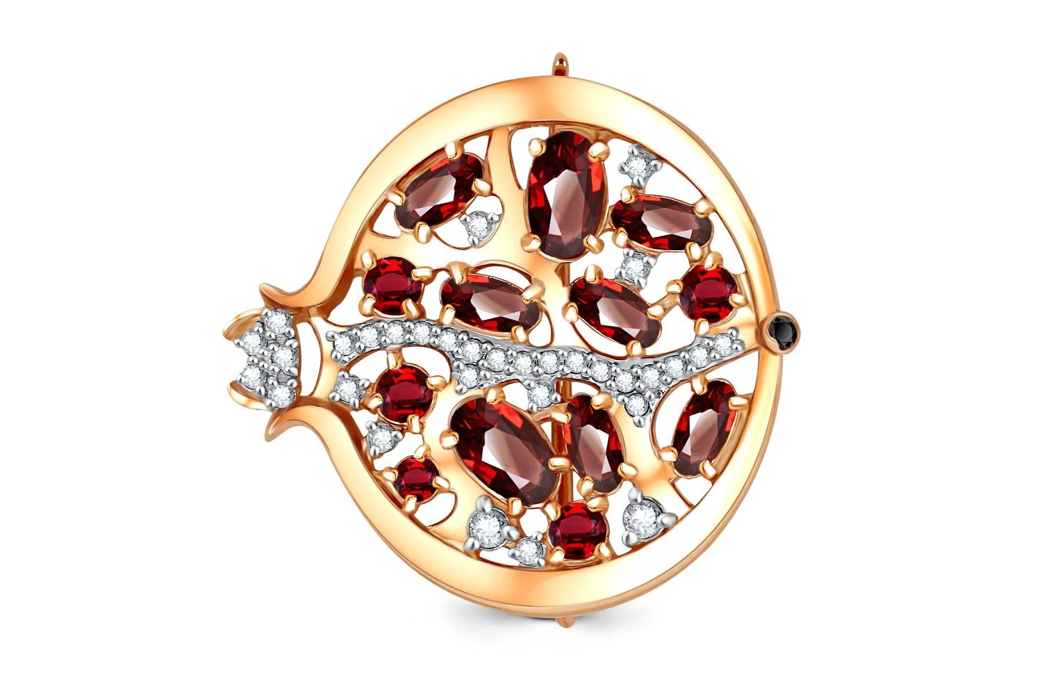 Брошь Гранат из красного золота с 46 фианитами