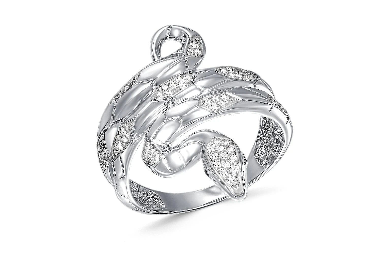 Кольцо Змея из белого золота с 64 фианитами