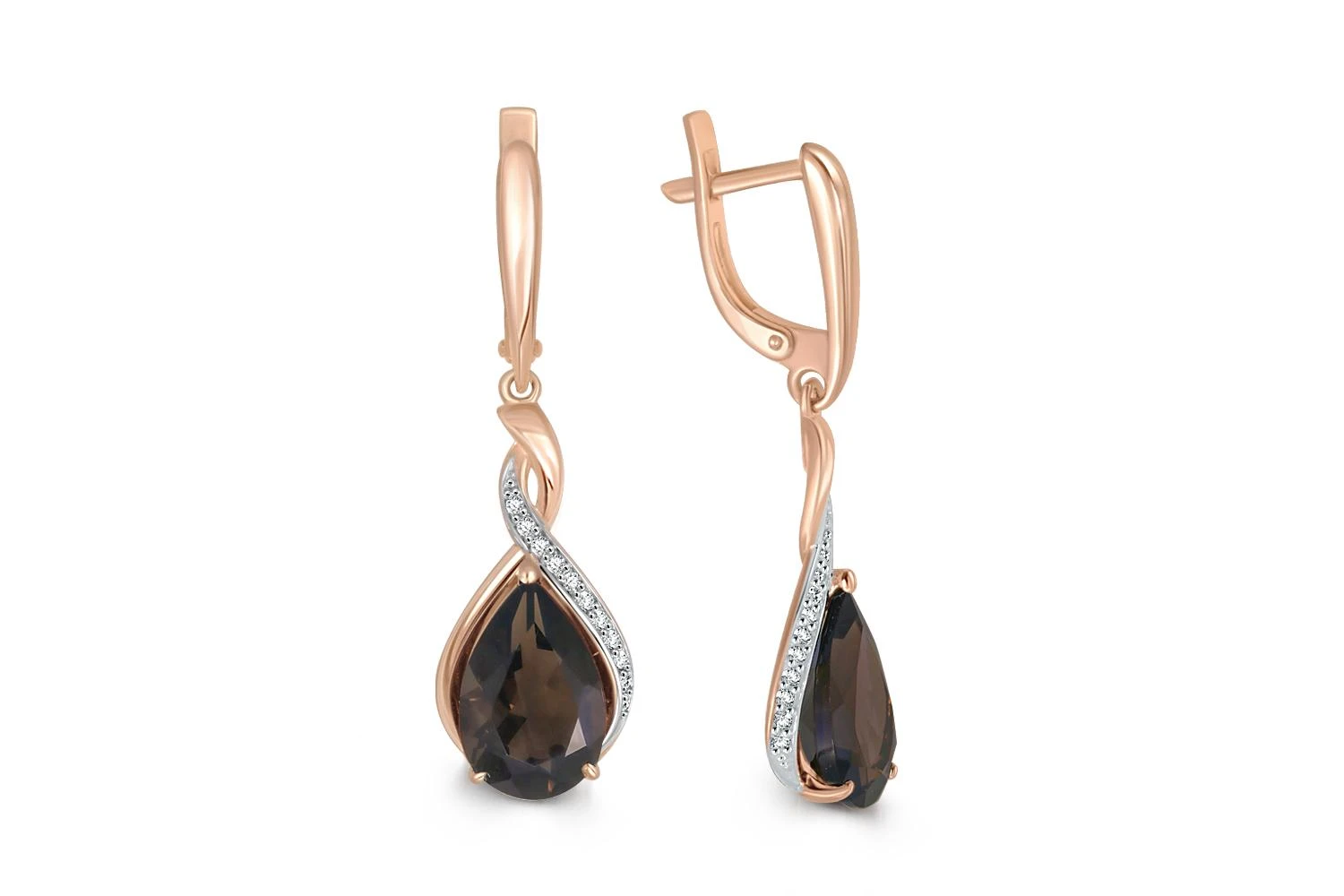 Серьги из красного золота с 2 раухтопазами и 24 фианитами