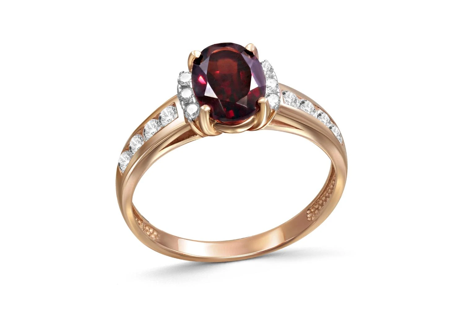 Кольцо из красного золота с гранатом и 14 фианитами