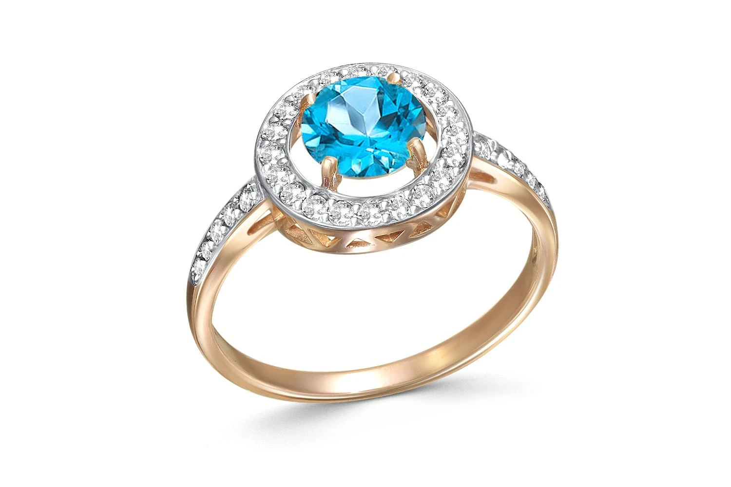 Кольцо из красного золота с топазом swiss и 30 фианитами