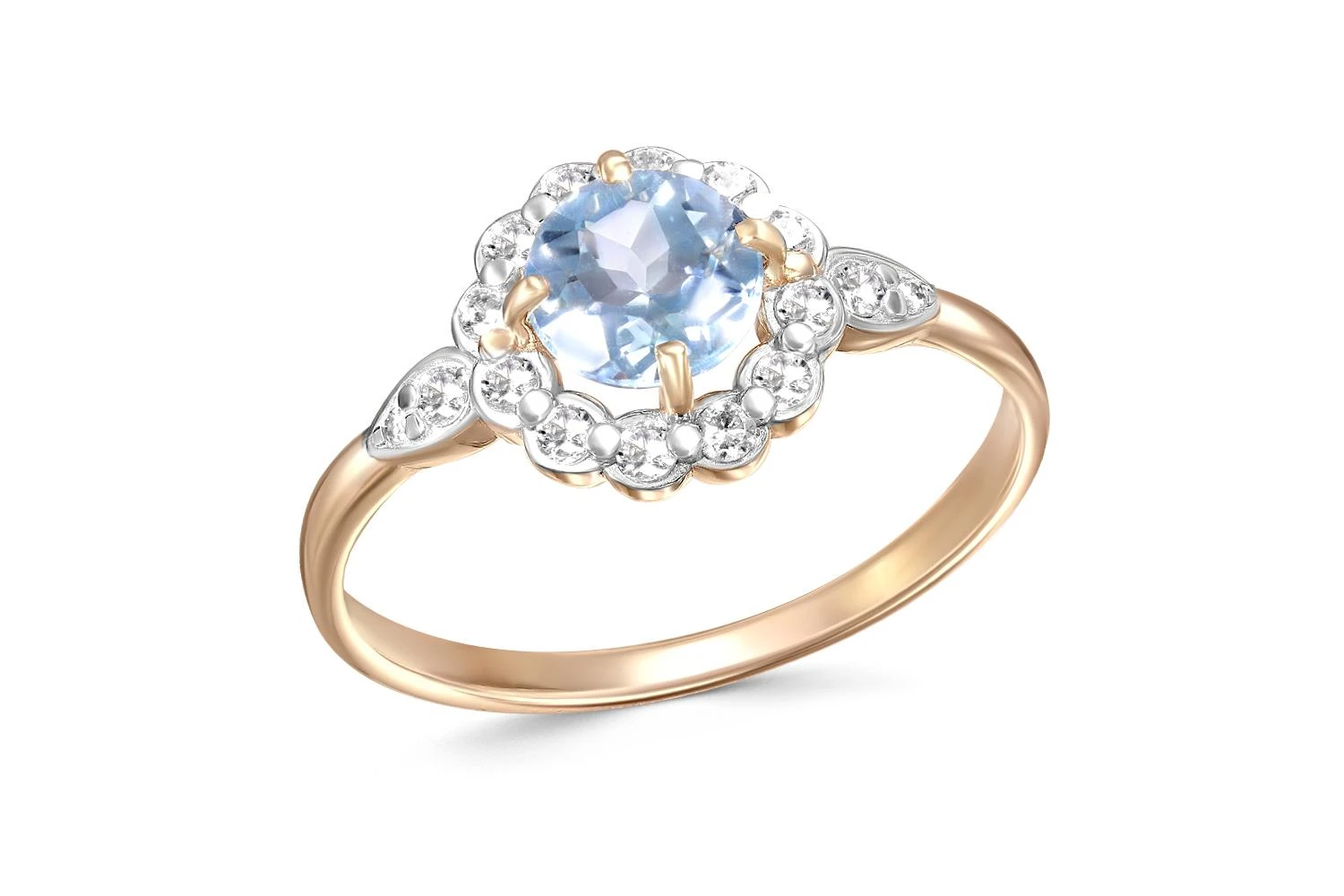 Кольцо Цветок из красного золота с топазом sky и 16 фианитами