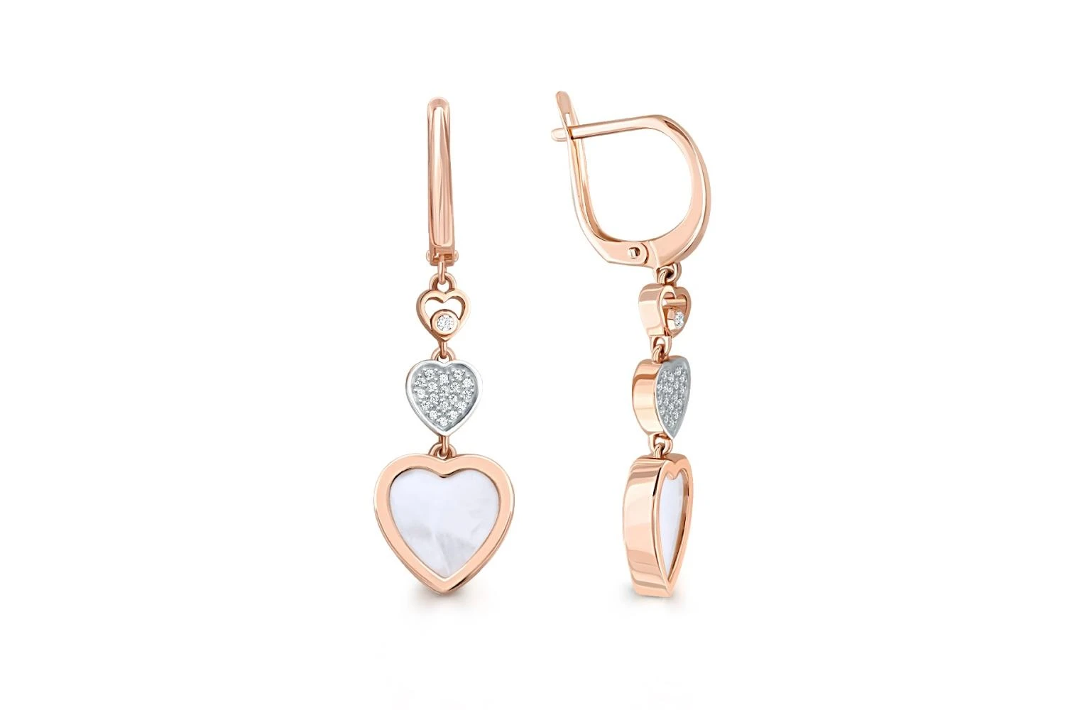 Серьги Сердца из красного золота с перламутром и 38 фианитами