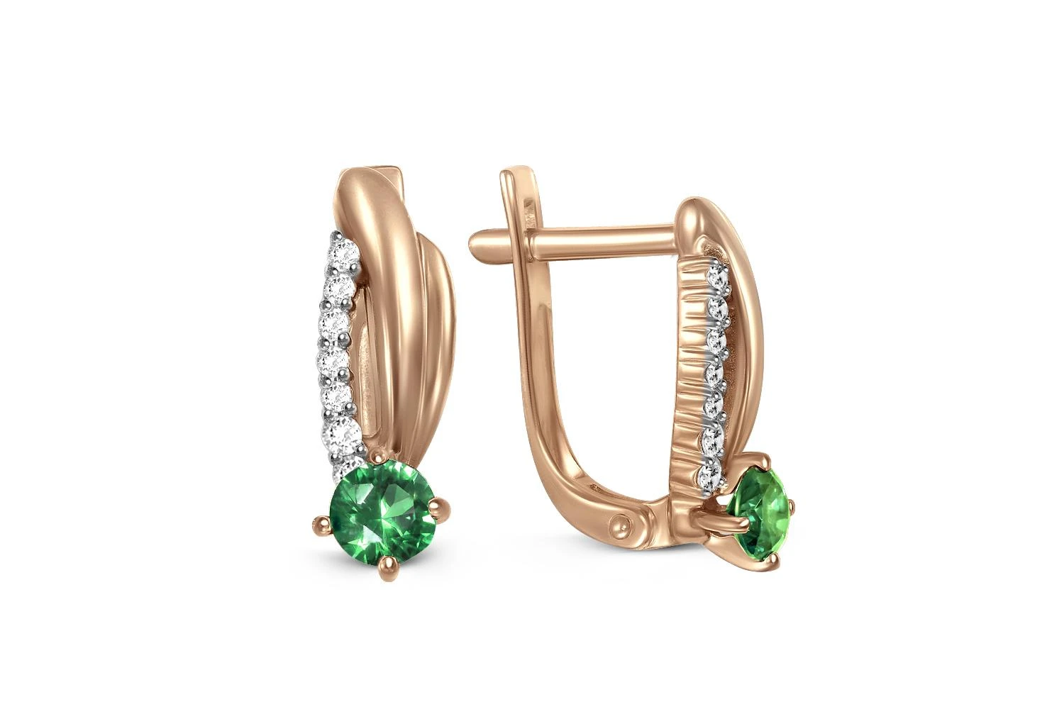 Серьги из красного золота с 2 изумрудами и 14 бриллиантами