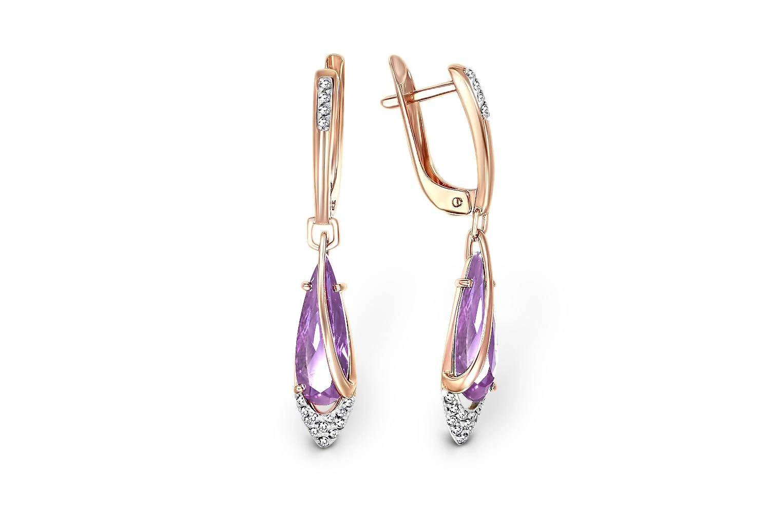 Серьги из красного золота с 2 аметистами и 32 фианитами