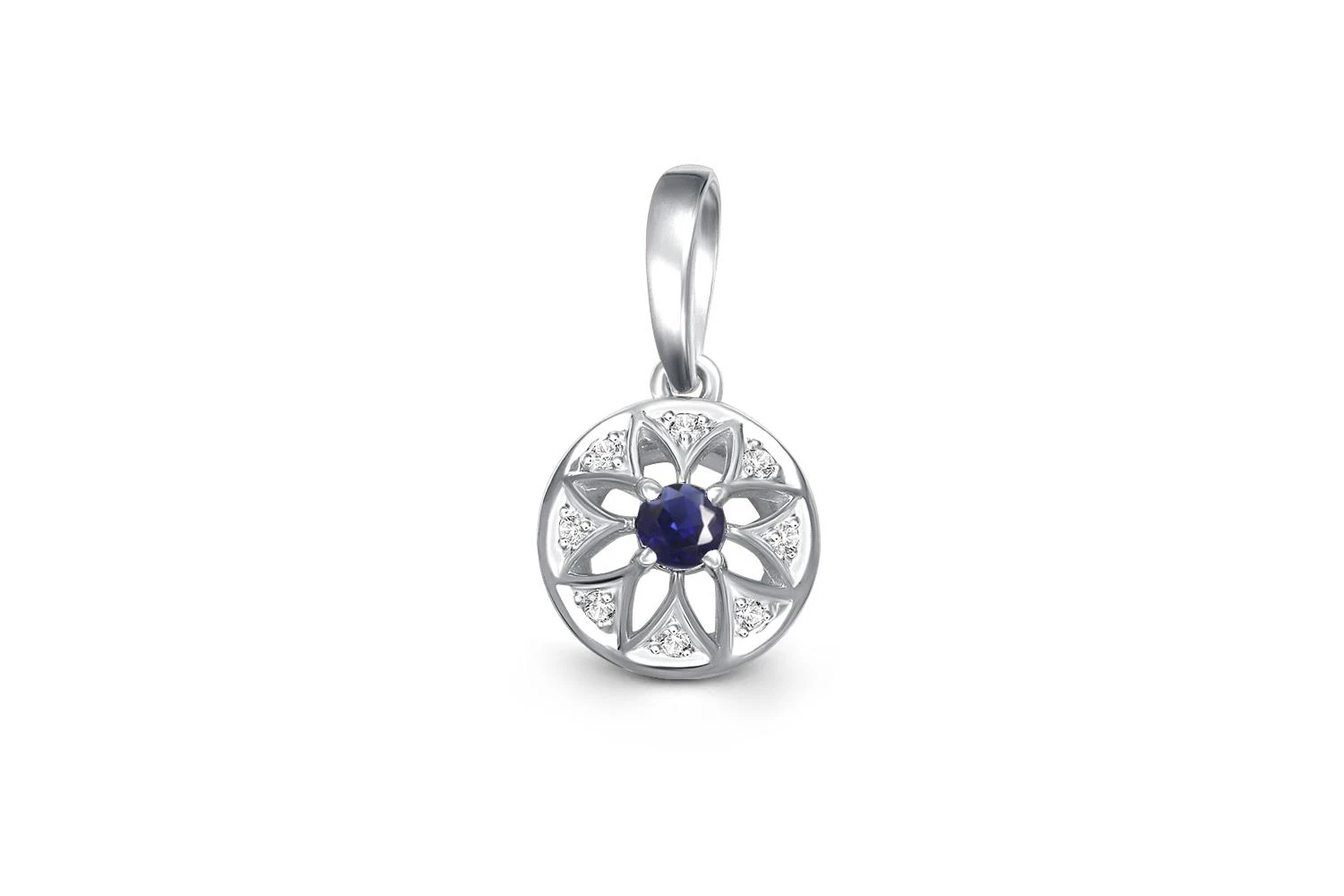 Подвеска Цветок из белого золота с сапфиром и 8 фианитами