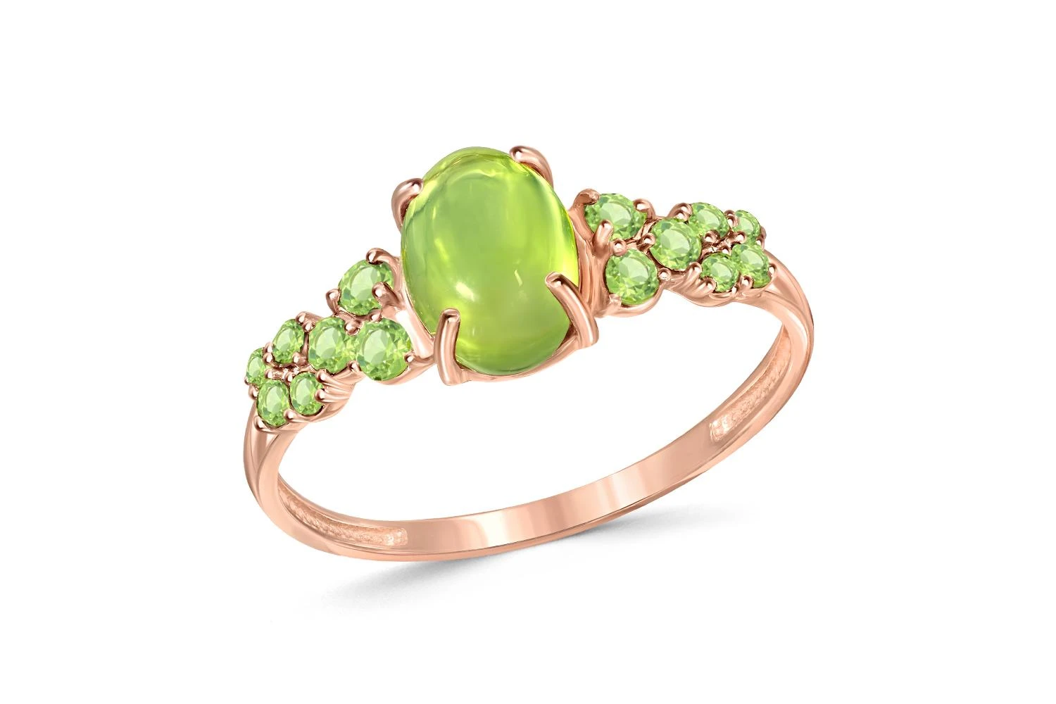 Кольцо из красного золота с хризолитом и 14 фианитами