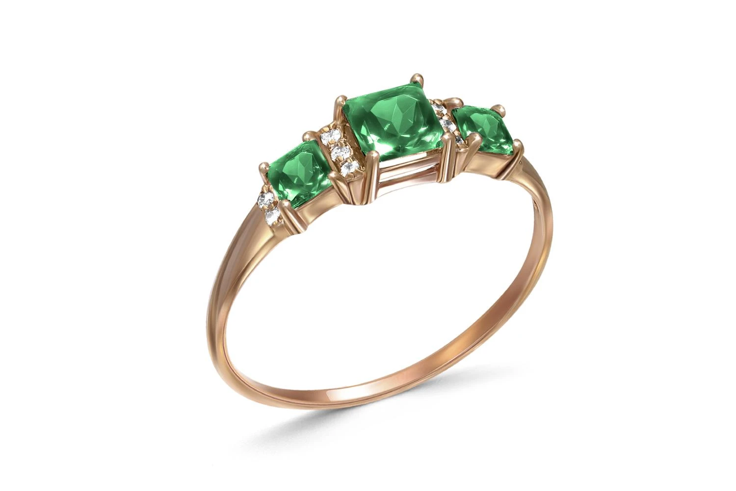 Кольцо из красного золота с 3 изумрудами и 10 бриллиантами