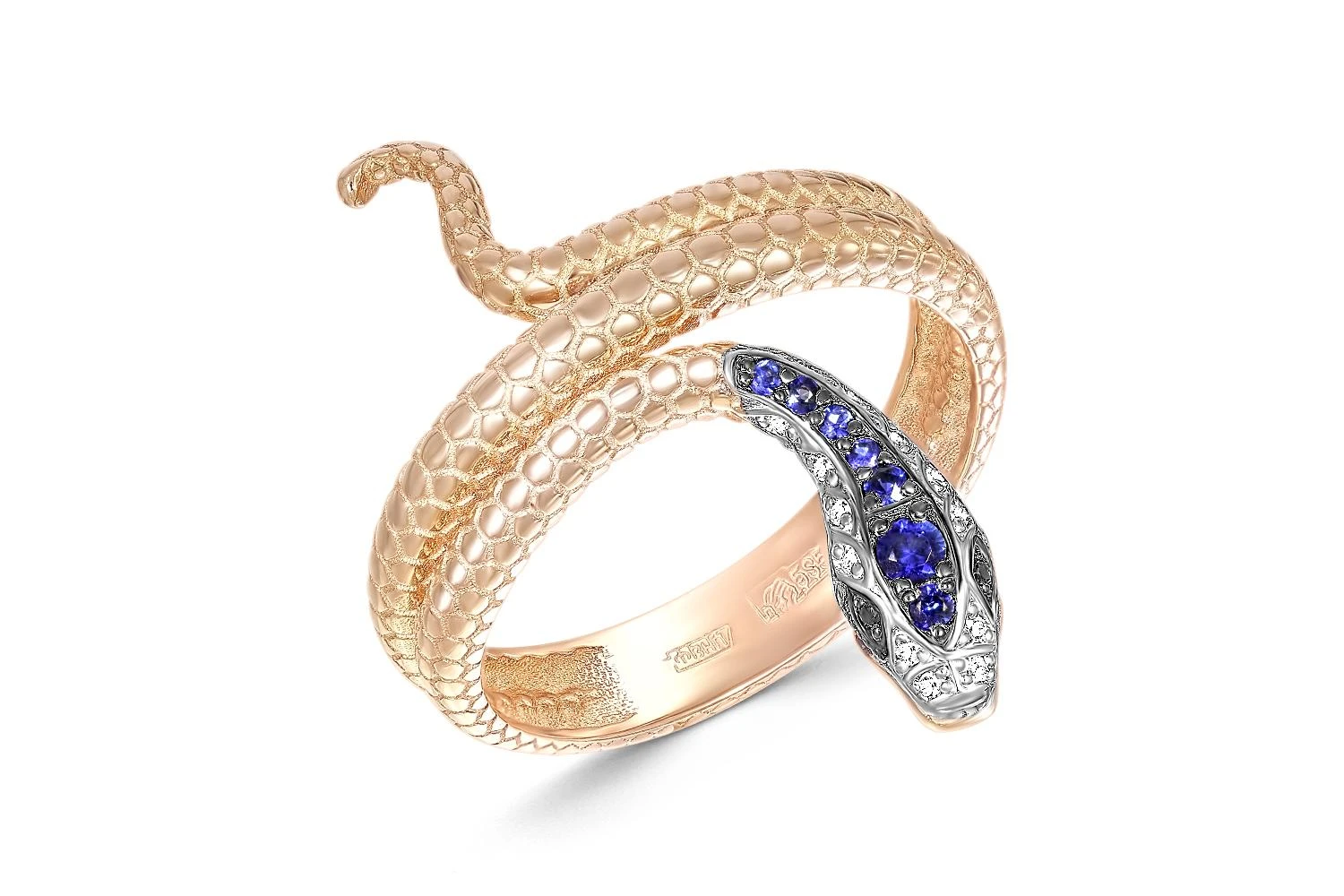 Кольцо Змея из красного золота с 7 сапфирами и 16 бриллиантами