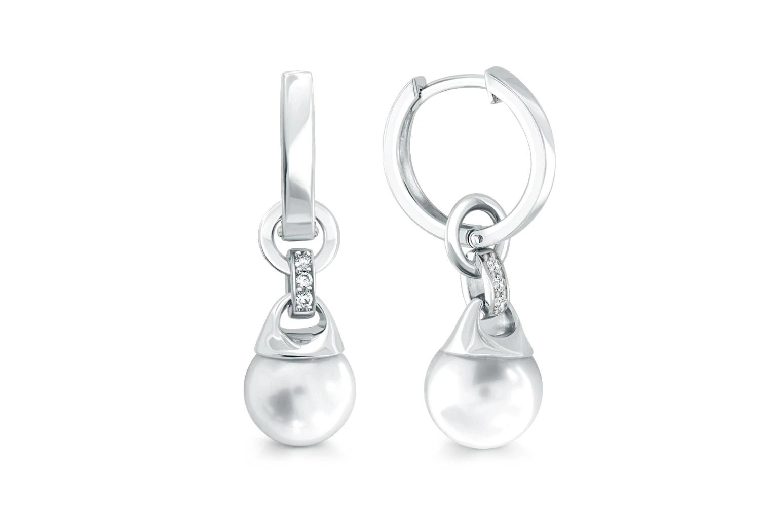 Серьги-трансформеры из белого золота с 2 жемчужинами и 6 фианитами