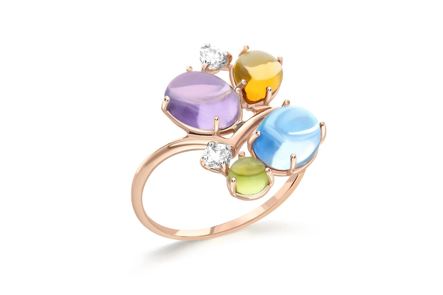 Кольцо из красного золота с аметистом, топазом swiss и хризолитом