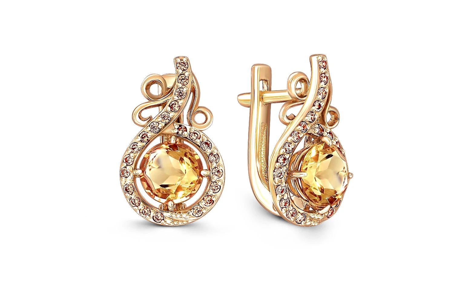 Серьги из жёлтого золота с 2 цитринами и 44 фианитами