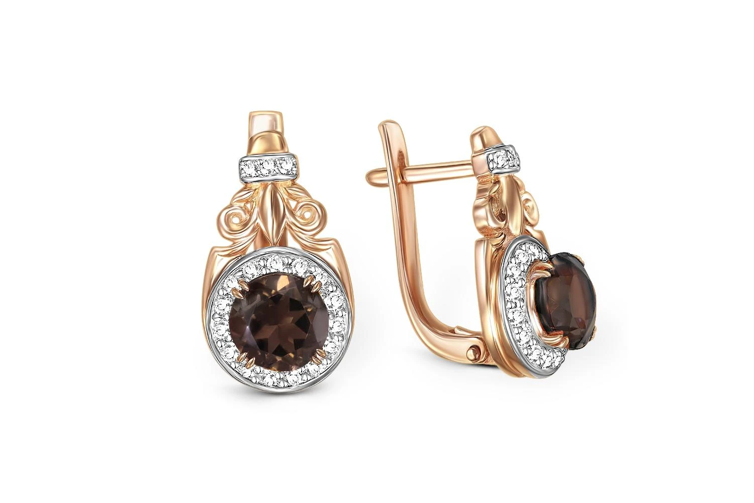 Серьги из красного золота с 2 раухтопазами и 36 фианитами