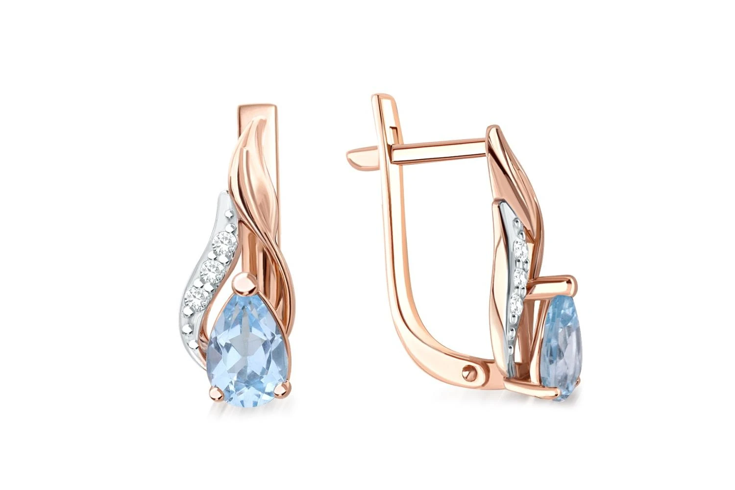 Серьги из красного золота с 2 топазами sky и 6 фианитами