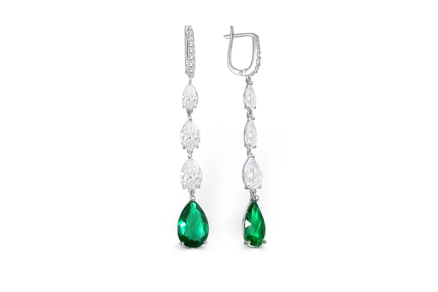 Серьги из белого золота с 2 изумрудами и 20 фианитами