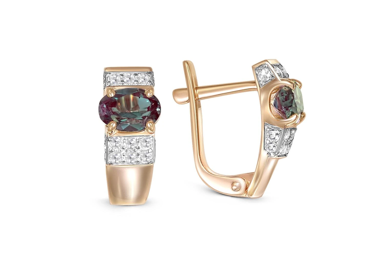 Серьги из красного золота с 2 александритами и 30 фианитами