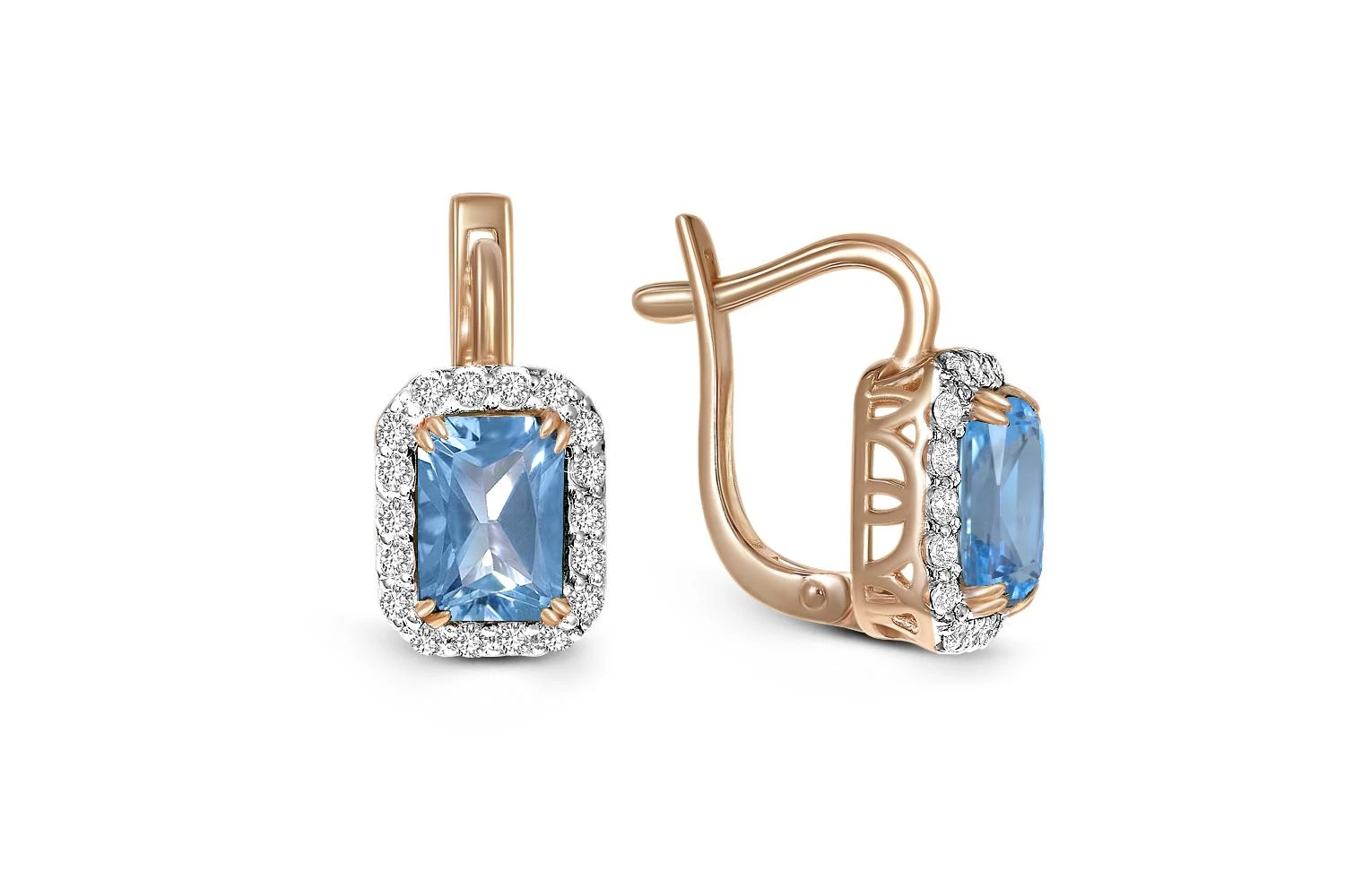 Серьги из красного золота с 2 топазами swiss и 36 фианитами