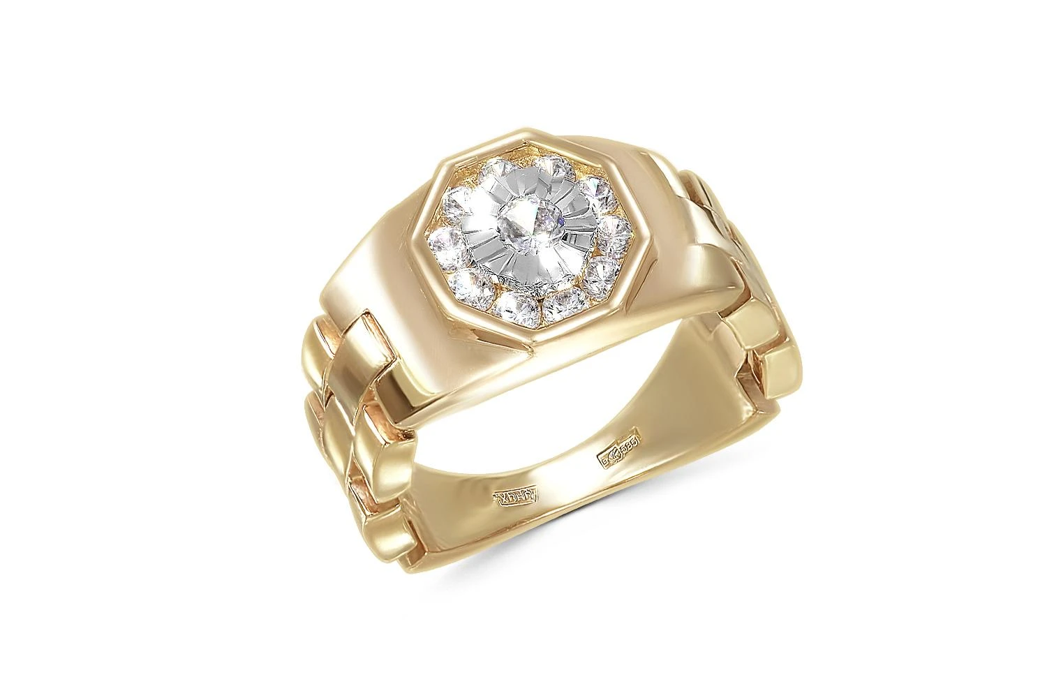 Печатка из жёлтого золота с 11 фианитами